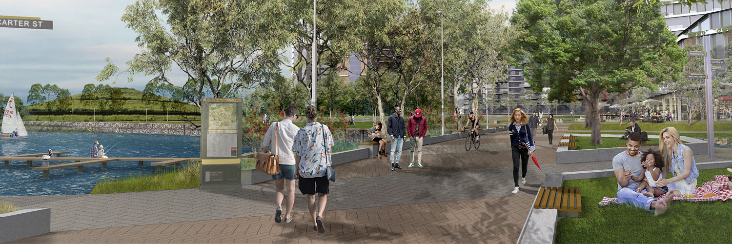 Artist impression of people in shared spaces at the new Carter Street Precinct, Lidcombe NSW.