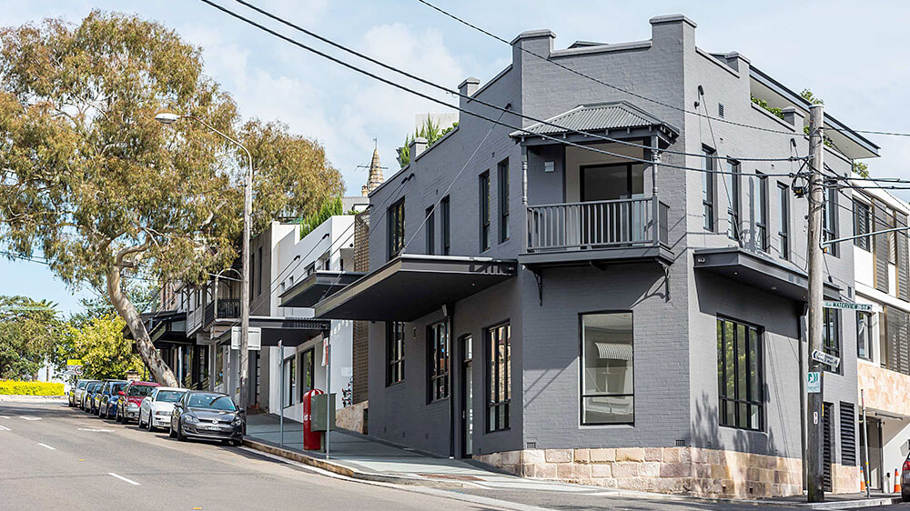 Highbury Rise incorporates the refurbishment of an existing Victorian corner building on Darling Street in Balmain and a new 2-storey residential apartment building of 7 new dwellings. Credit: Keith McInnes Photography. Source: Squillace Architects