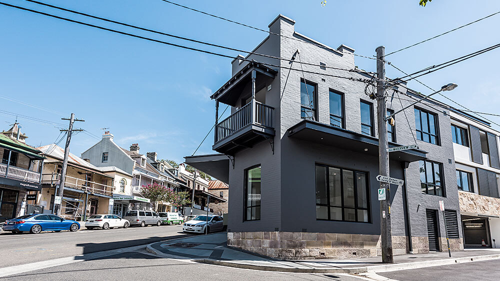 Highbury Rise incorporates the refurbishment of an existing Victorian corner building on Darling Street in Balmain and a new 2-storey residential apartment building of 7 new dwellings. Credit: Keith McInnes Photography. Source: Squillace Architects