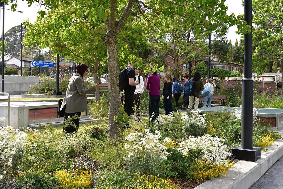 Group of people gathered near a community garden, taking photos of the plants. Credit: Jon Hazelwood