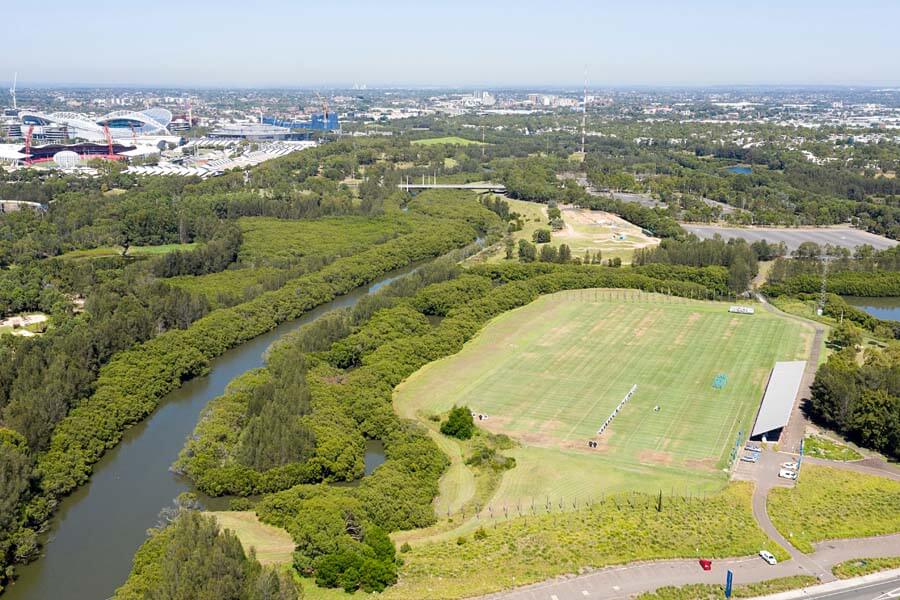 Sydney Olympic Park Archery Centre and Haslams Creek as seen from a drone.