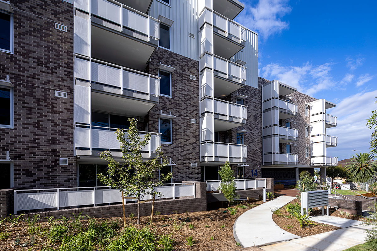 Phillip Street, Apartments, St Marys – A high quality and cost-effective, mid-rise social housing apartment that strategically uses passive environmental design and enduring brick materiality, inspired of the local area. Credit: Tom Ferguson Photography