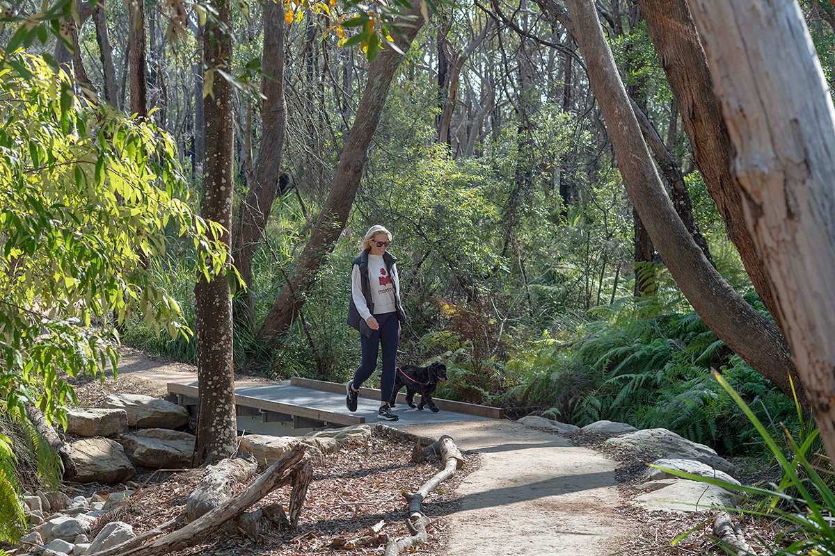 Person walking with a dog along a path in Nandi Reserve. Credit: Nick Watt