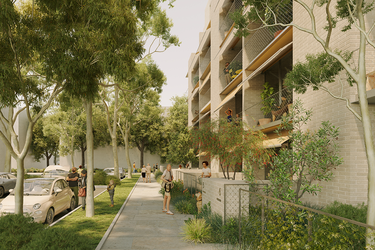 Artist's impression of an apartment block on a leafy, inner-city street. The block is 4-storeys high, and made from beige brick. Each apartment in the block has a sunny balcony and there are plants and people on the balconies.