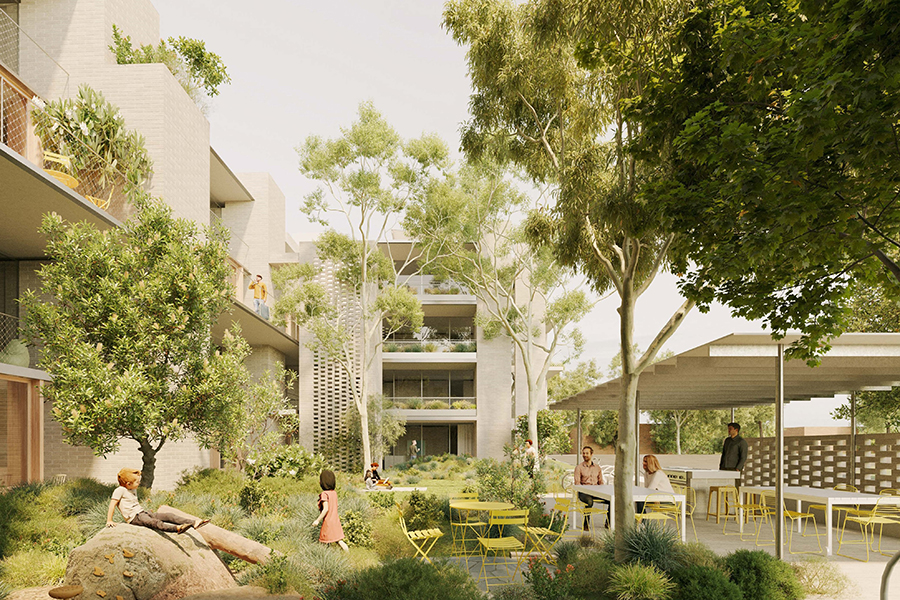 The semi-covered shard outdoor space of a mid-rise apartment complex.