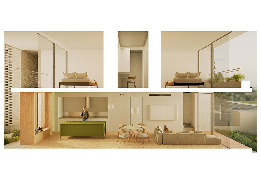 Cross-section of a 2 bedroom mid-rise apartment. The cross-section shows an open plan living area, small study and front and backyard.