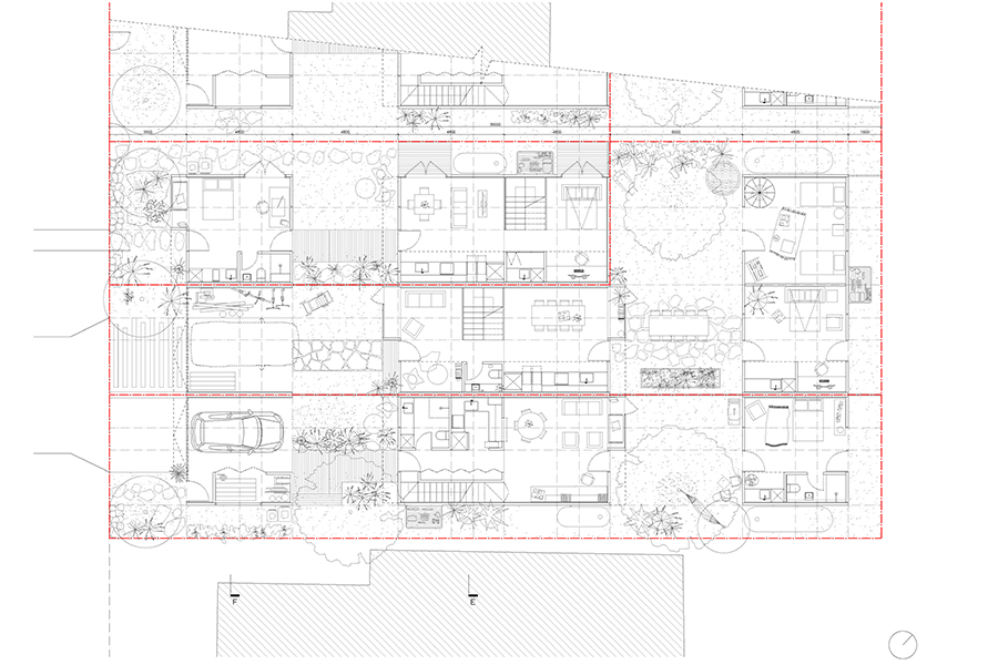 A ground floor plan of a series of terrace houses.