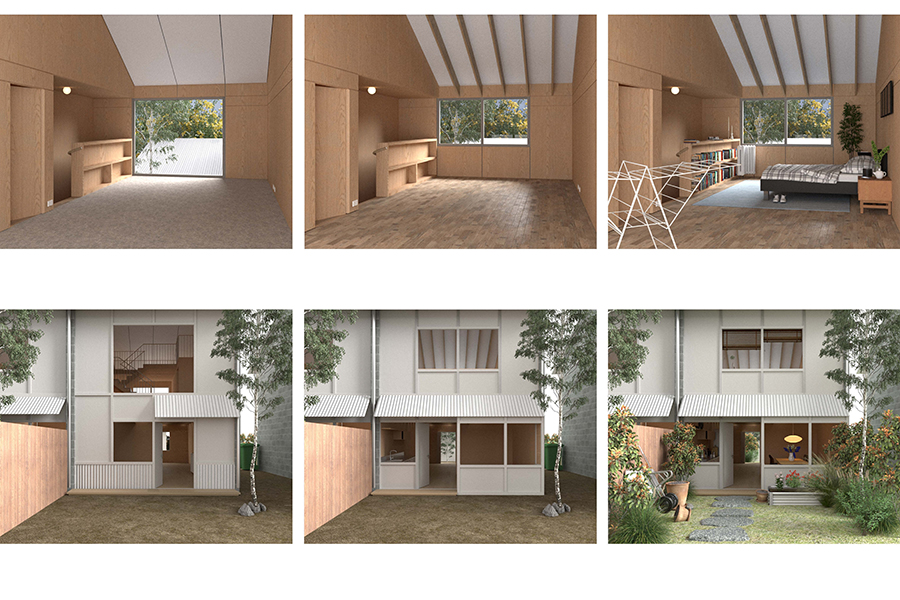 Artist's impression of 6 image of rooms inside a house and the courtyard.