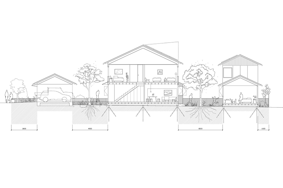 Cross-section of a terrace. There is a garage at the front, a 2-bedroom home in the middle and a granny flat out the back.