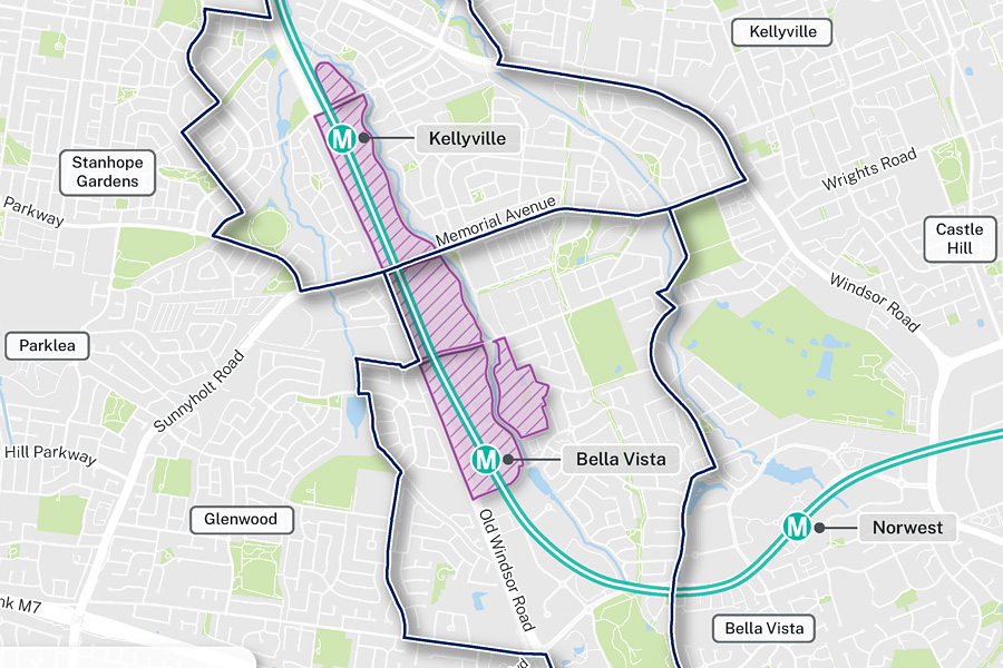 Kellyville and Bella Vista TOD Accelerated Precinct boundary map preview