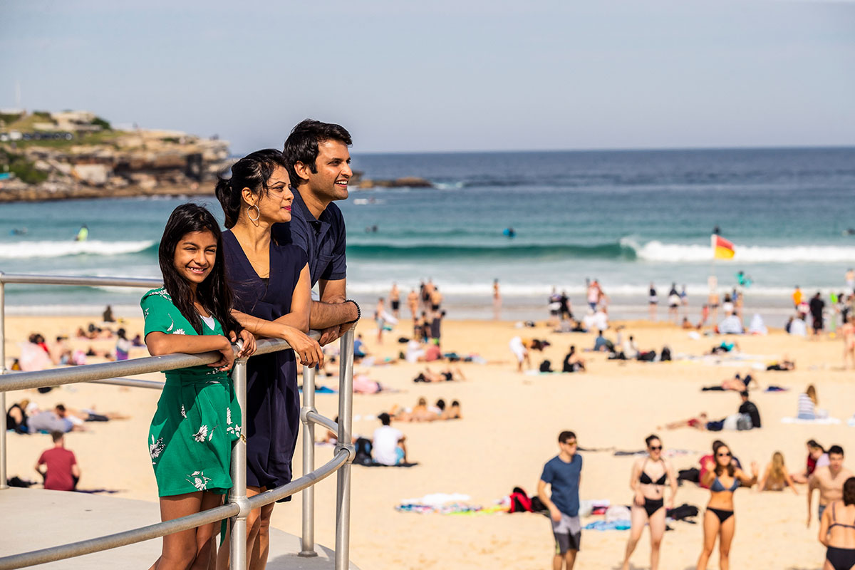 Family enjoying a visit to Bondi Beach, Bondi in Sydney's Eastern Suburbs. Credit: Destination NSW