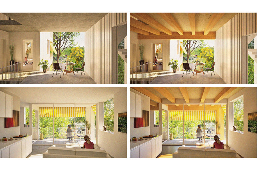 A collage of 4 artist's impressions of the interior design of an apartment. The top 2 images show a landing area with open balcony, and the images on the bottom row show an open plan living and kitchen space.