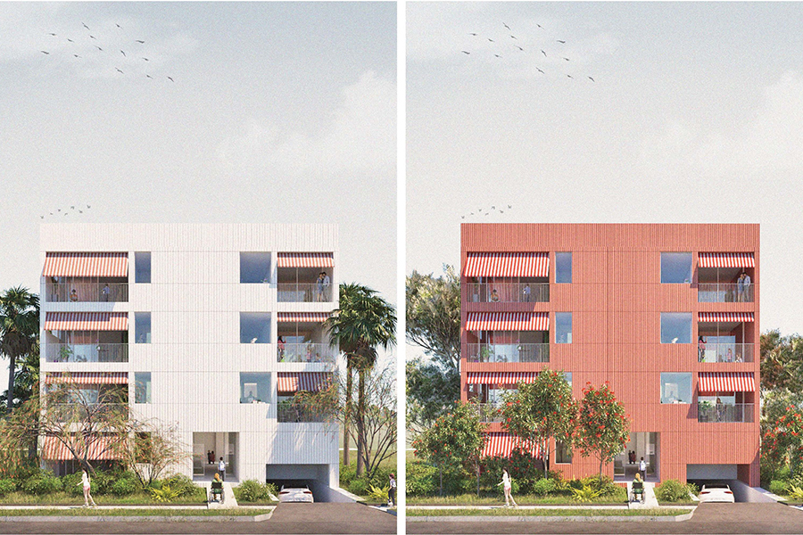 Artist's impression of the street view of a mid-rise apartment block. There is a white and red version, each with striped awnings on 4 balconies, an underground garage and landscaping.