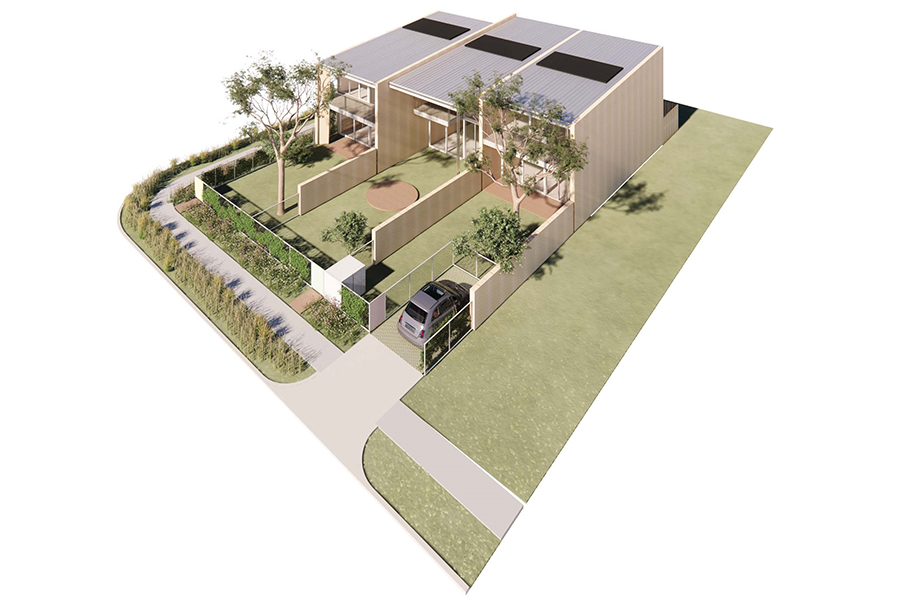 Artist's impression of a block with 3 terrace homes. Each home has a large front yard and corrugated iron roof.