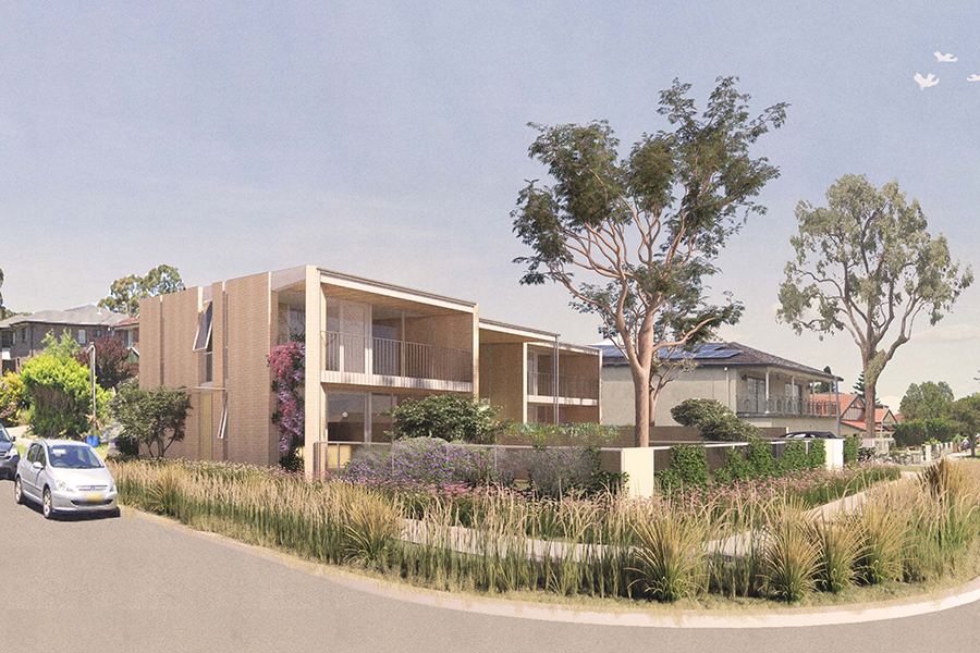 Artist's impression of 3 terraces on a large lot. The house is made from light brown brick and has a large timber balcony that juts out over the front garden. The property is surrounded by tall, native shrubbery. The property is in a suburban or rural setting.