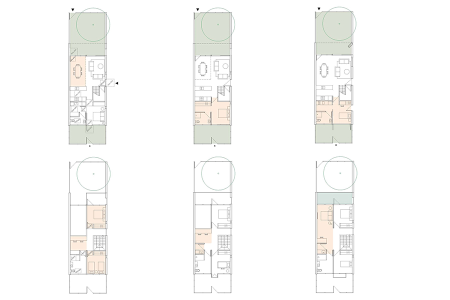 Floor plan of 3 almost identical terrace homes with 3 bedrooms, 2 bathrooms, an open kitchen, living and dining space, and front and backyard.