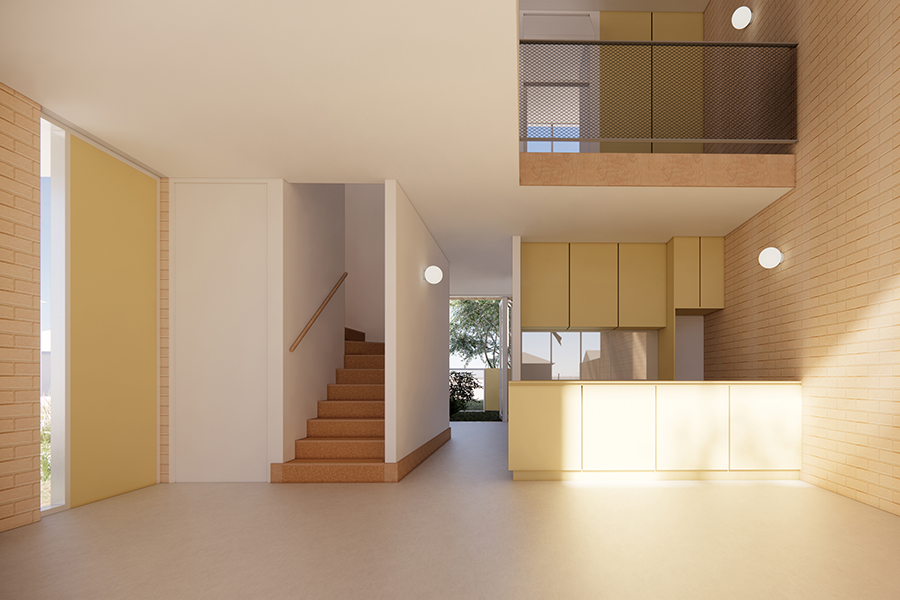 Artist's impression of the interior of a terrace house. To the left of the image, there is a stairwell leading to an exposed landing on the second floor. There is a hallway running through the centre of the building, and a small kitchen to the right.