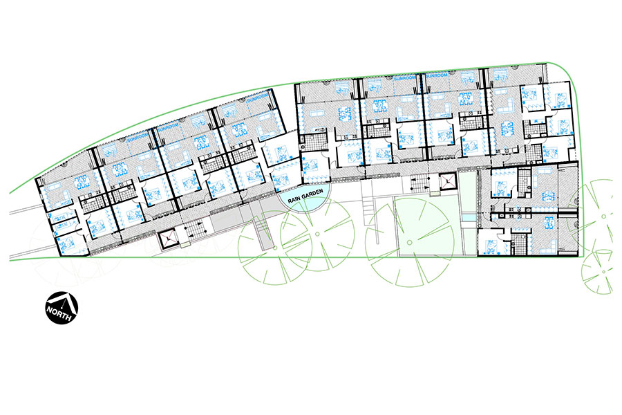 First floor plan of a mid-rise apartment building.