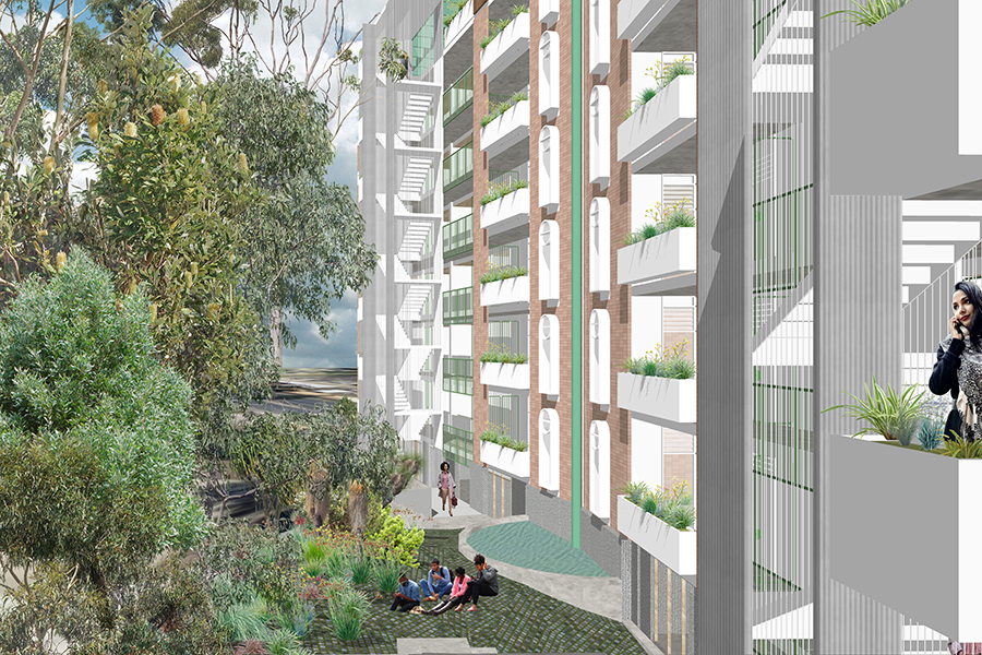 Artist's impression of the backyard of a mid-rise apartment block. The apartment is brick with white balconies and windows. A tall native garden creates a private lawn area. There are people sitting on the front lawn and a person walking in the background.