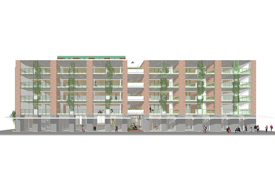 Artist's impression of a mid-rise building with 4 storeys. The building is mainly brick and has open balconies with vertical gardens either side.