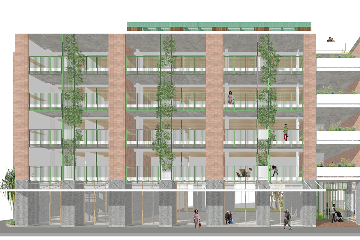 Artist's impression of a mid-rise building with 4 storeys. The building is mainly brick and has open balconies with vertical gardens either side.