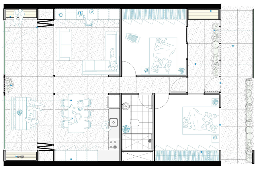 Floor plan of the interior of a mid-rise apartment with 2 bedrooms, an open living and dining space, bathroom and a front and back balcony.