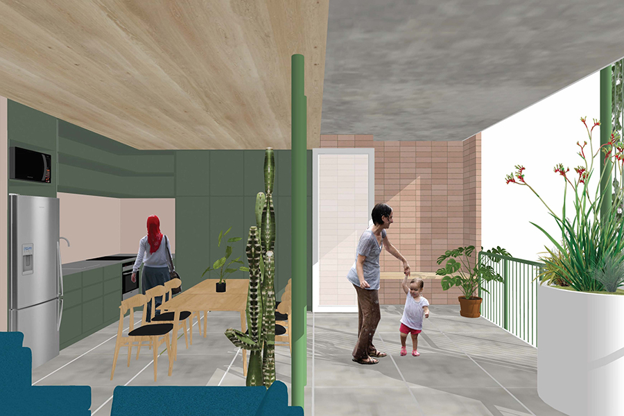 Artist's impression of an open balcony space. A parent and child play on the right and a lady stands in the kitchen to the left.