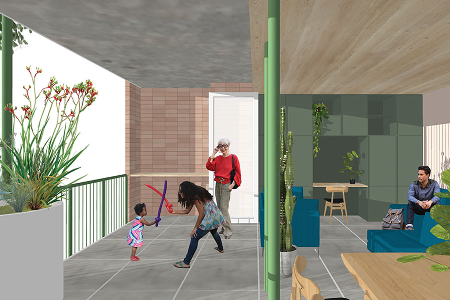 Artist's impression of an open balcony space. A parent and child play with balloons to the left, a lady stands in the background, and there is a man sitting on a couch to the right. There is a dining table in the front, and a desk tucked into a cupboard / storage space in the background. There are pot plants throughout the space.