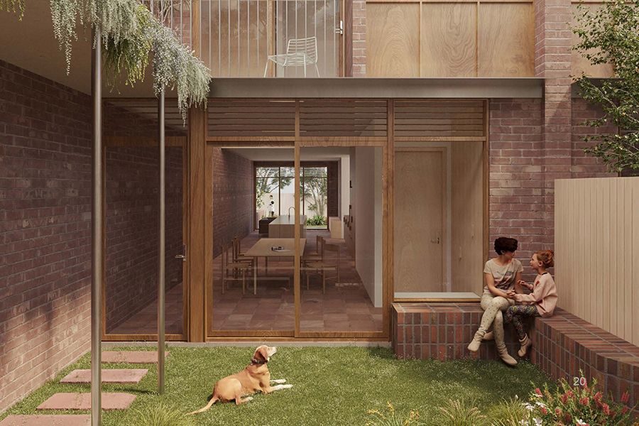 A terrace courtyard with 2 people chatting on a brick bench, a dog on the lawn and plants hanging over a covered walkway.