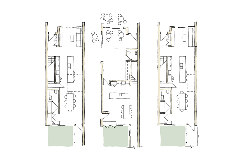 Floor plan of 3 almost identical terrace homes.