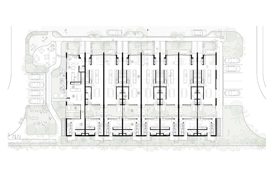 Floor plan of a row of terraces.