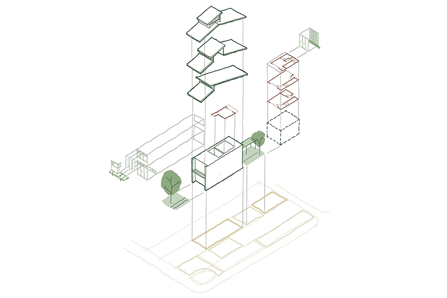 Layered plan of a terrace house.