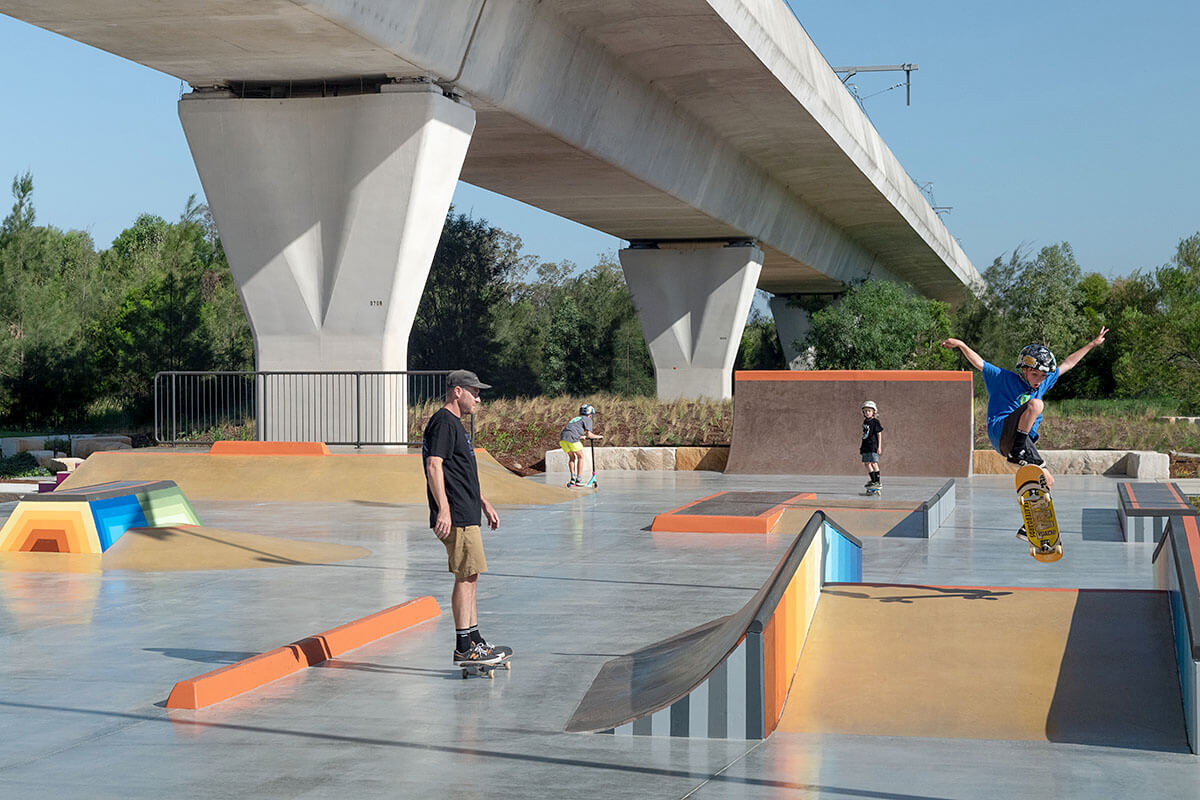 People skating under overpass at new park in Beaumont Hills.