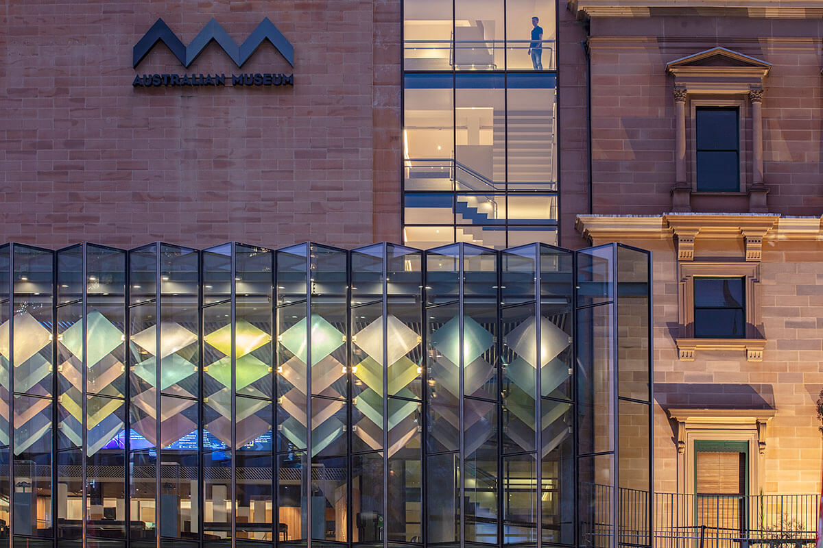 The exterior of the Australian Museum at night, Darlinghurst NSW. Credit: Brett Boardman