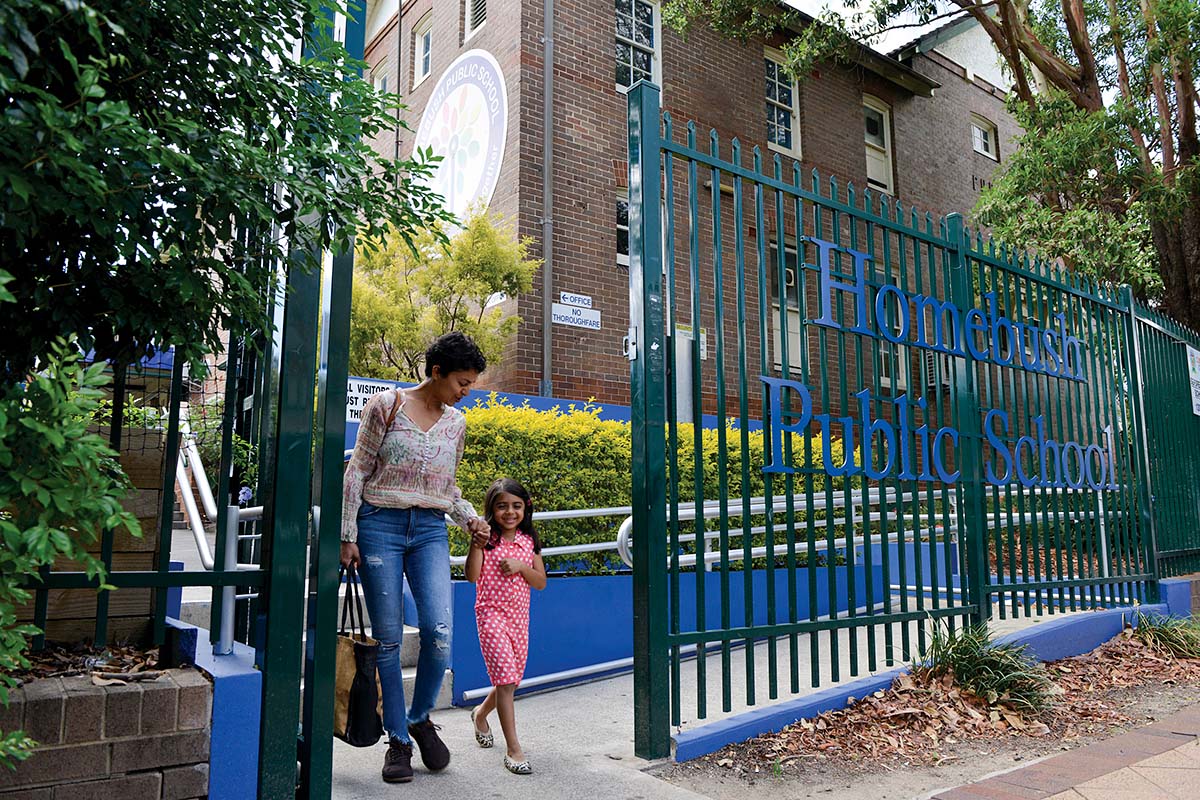 Mother dropping daughter off to school in Homebush, Inner West Sydney, NSW. Credit: NSW Department of Planning and Environment / Adam Hollingworth