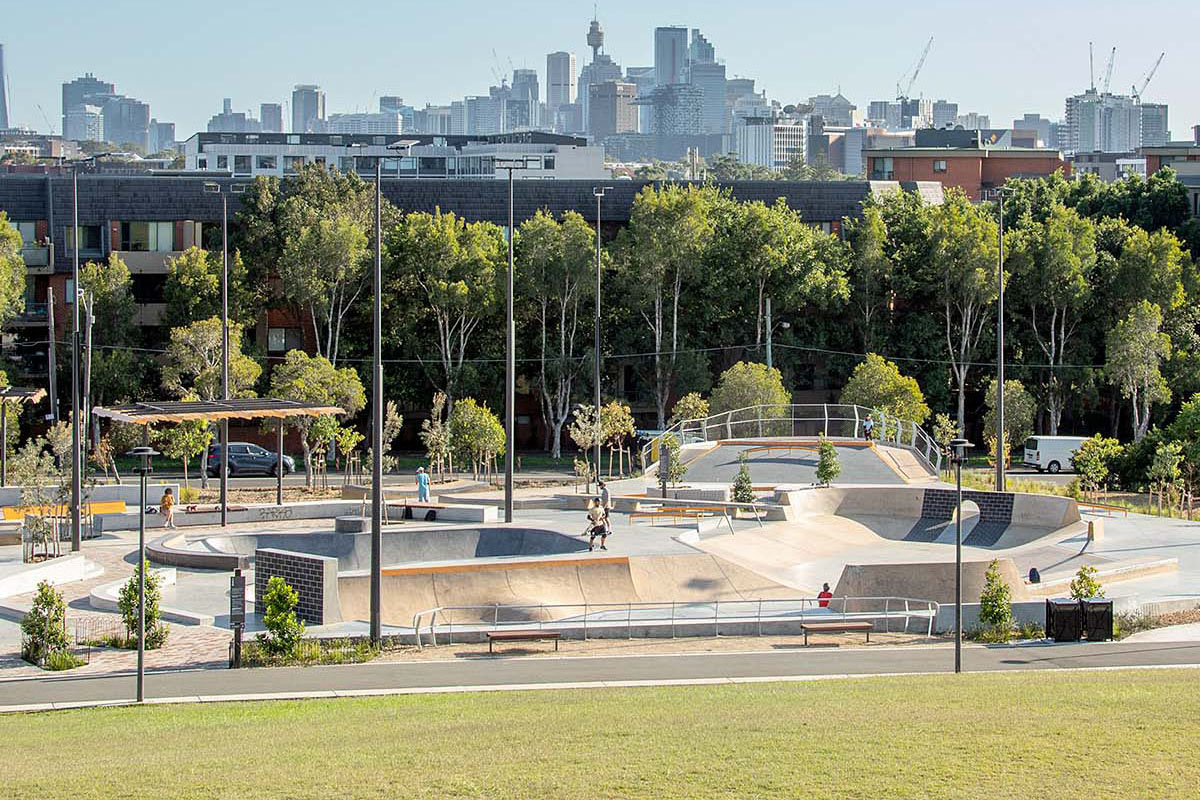 Sydney Park skate park at Alexandria with the Sydney CBD in the background. Credit: NSW Department of Planning and Environment