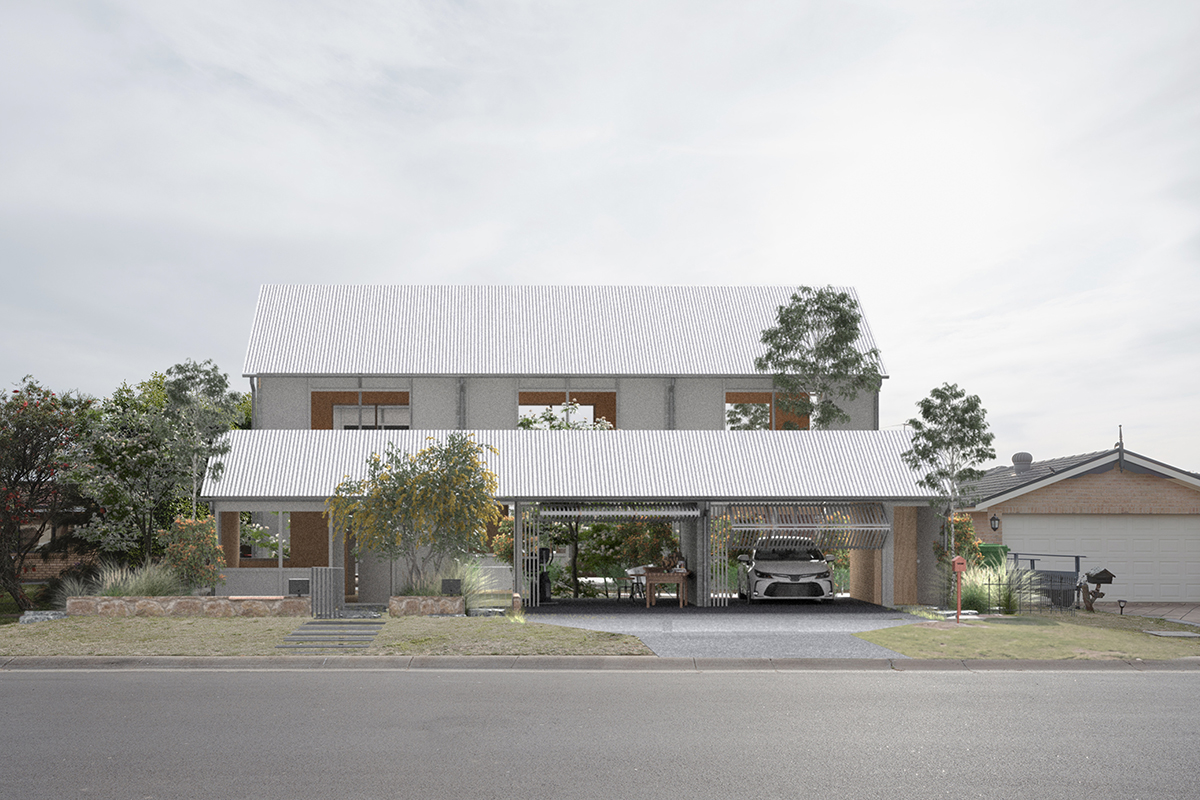 Artist's impression of a modern, 2-storey home with a corrugated iron roof. The house has large windows and doors, and a native garden.