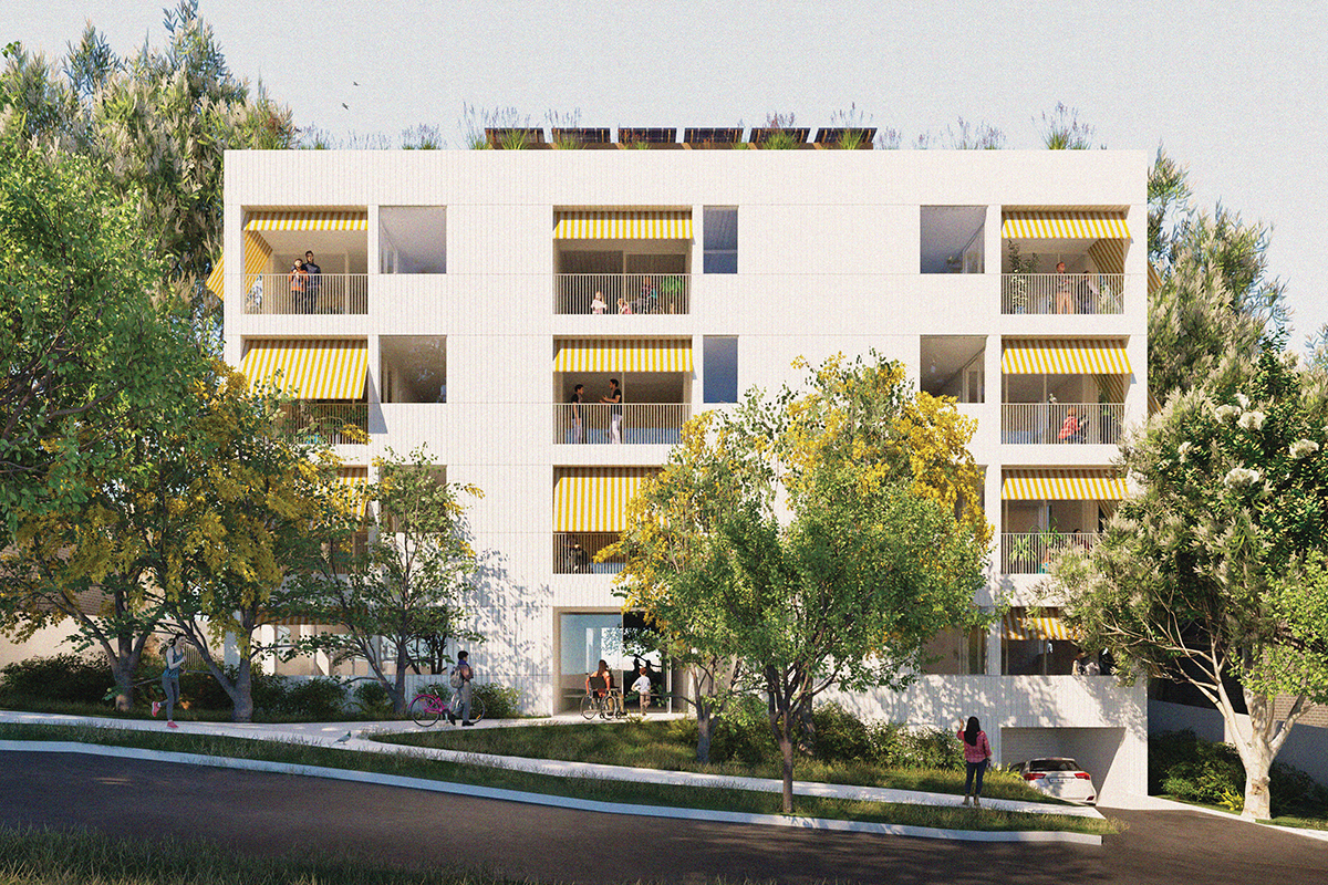 Artist's impression of a 3-storey apartment building. The building is white with yellow and white striped awnings over covered balconies. There are 9 balconies facing the leafy street. People walk and ride bikes on the quite street below.