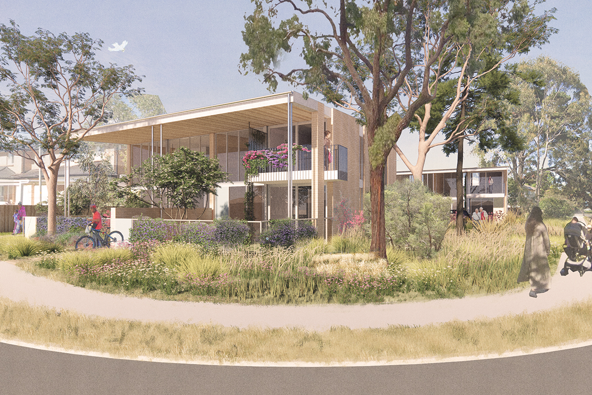 Artist's impression of a 2-story house or duplex on a large lot. The house is made from light brown brick and has a large timber balcony that juts out over the front garden. The property is surrounded by tall, native shrubbery. The property is in a suburban or rural setting.