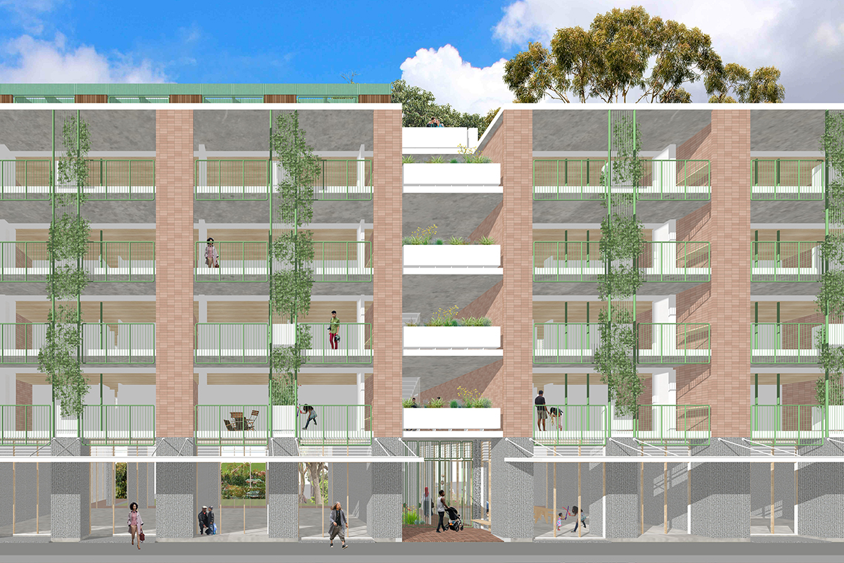 Street view of 4-storey mid-rise apartment block. The building is made from brick, with white corridors and timber door frames. There are vertical gardens growing up the front of the building.