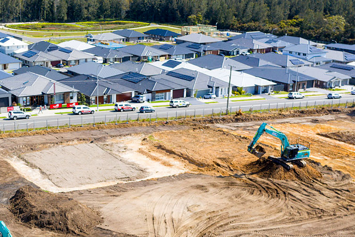 Looking down at the Greenfield housing development with new work and completed housing.