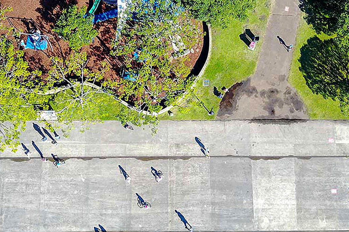 Aerial view of people in a park.