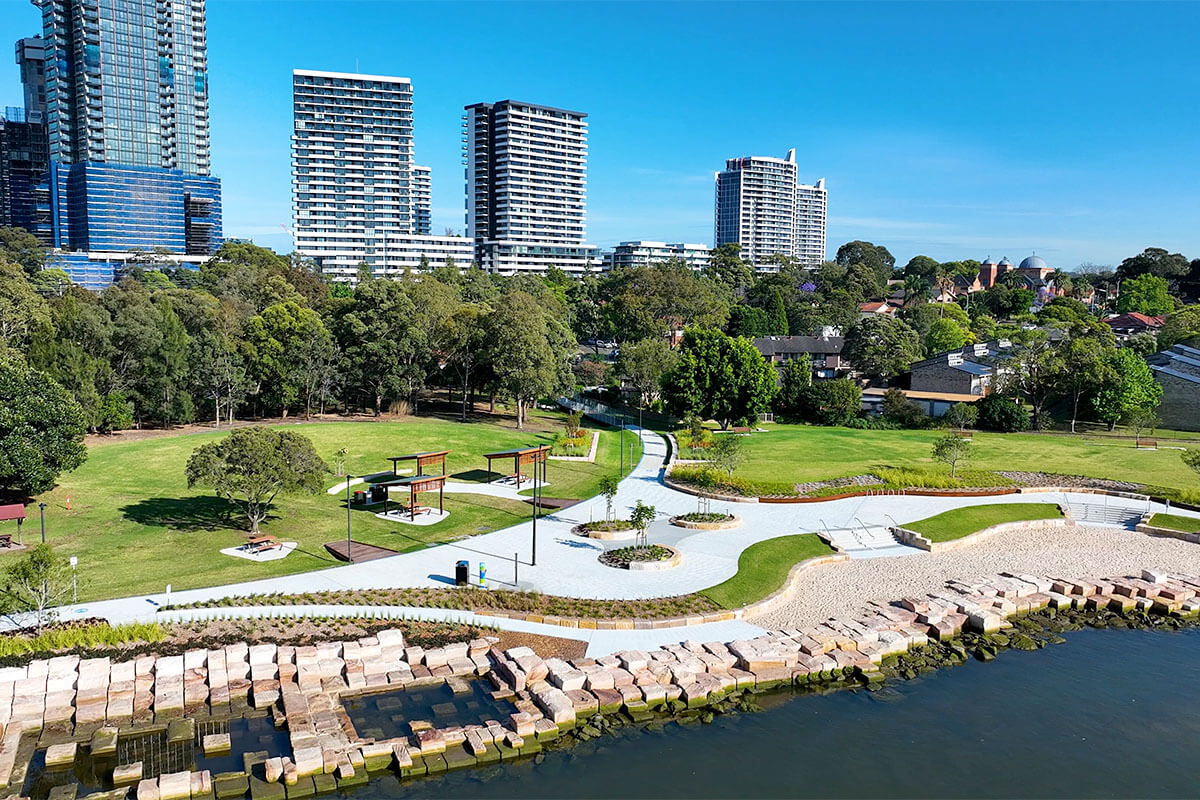 Greenspace, picnic areas and pathways in McIlwaine Park, Rhodes NSW. Credit: City of Canada Bay