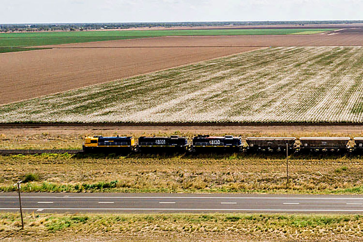 Freight train travelling along the inland NSW rail line.