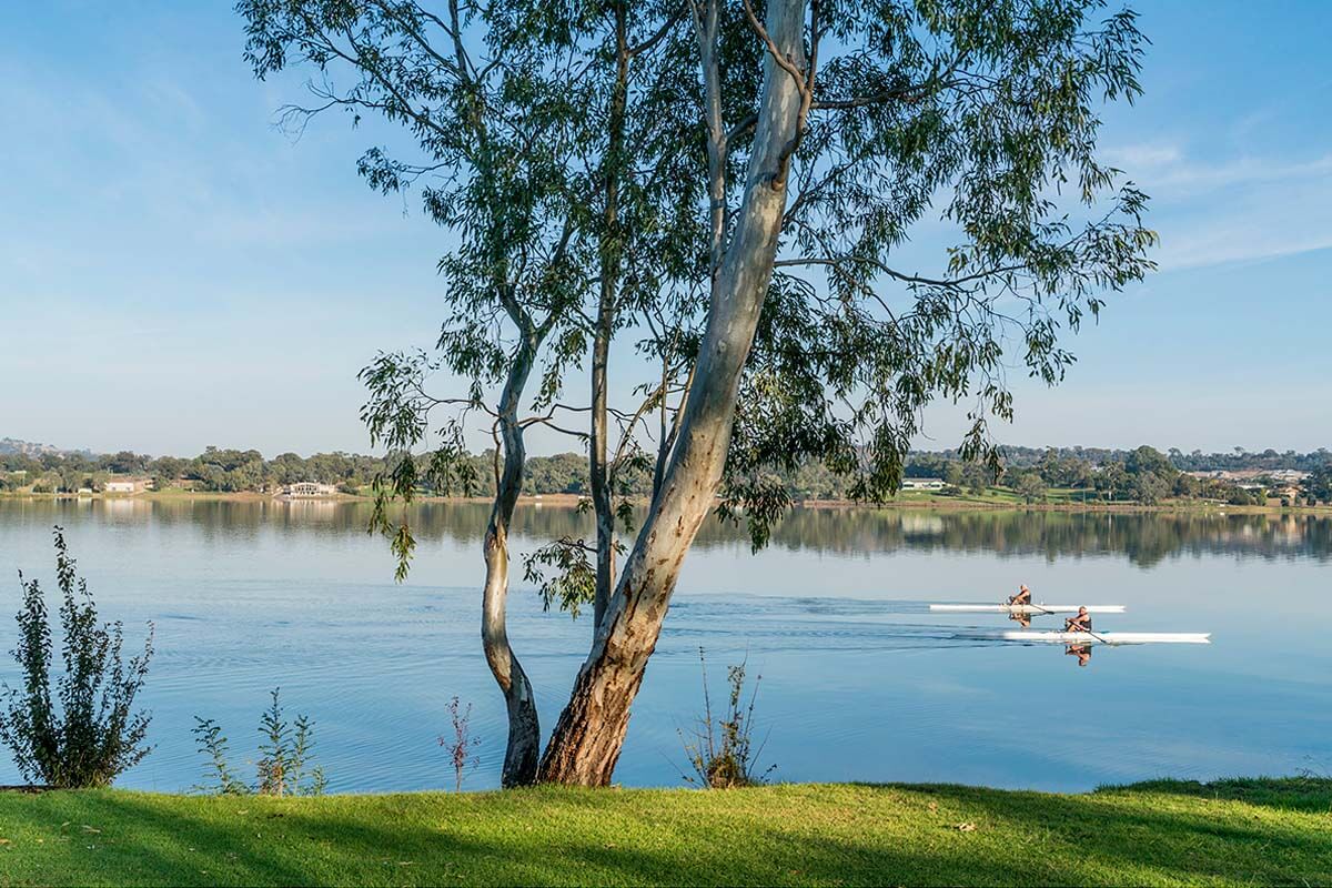 Men enjoying an early morning row on the Murrumbidgee River, Wagga Wagga. Credit: Destination NSW