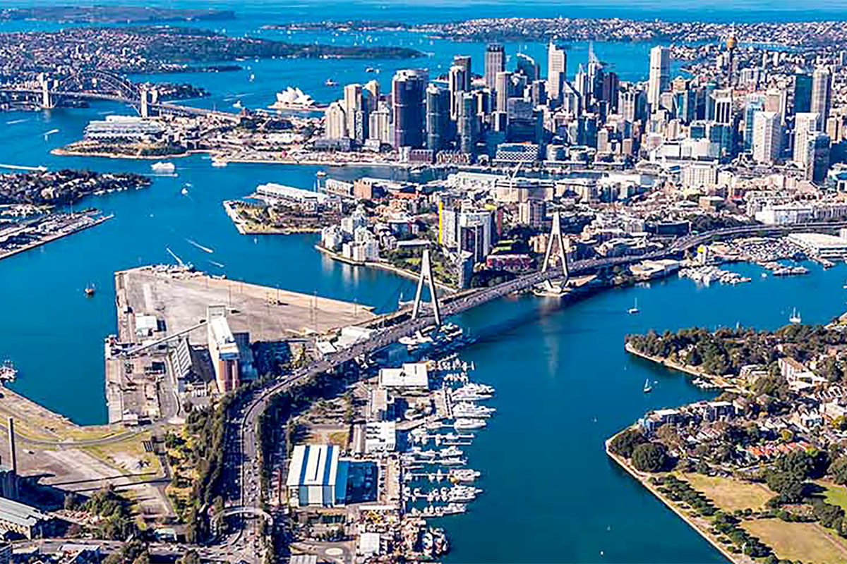 Aerial view of the Bays precinct, Sydney.