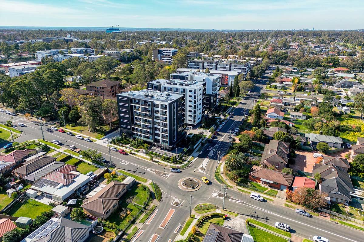 Aerial view looking down at low- and mid-rise housing on Mount Druitt Road and Durham Street, Mount Druitt NSW. Credit: Glenn Hanns/DPE