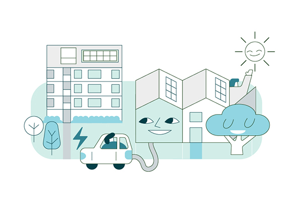 Illustration of 4 storey apartment with solar panels next to two homes with solar panels and a person reaching out of second home to wave at smiling sun.