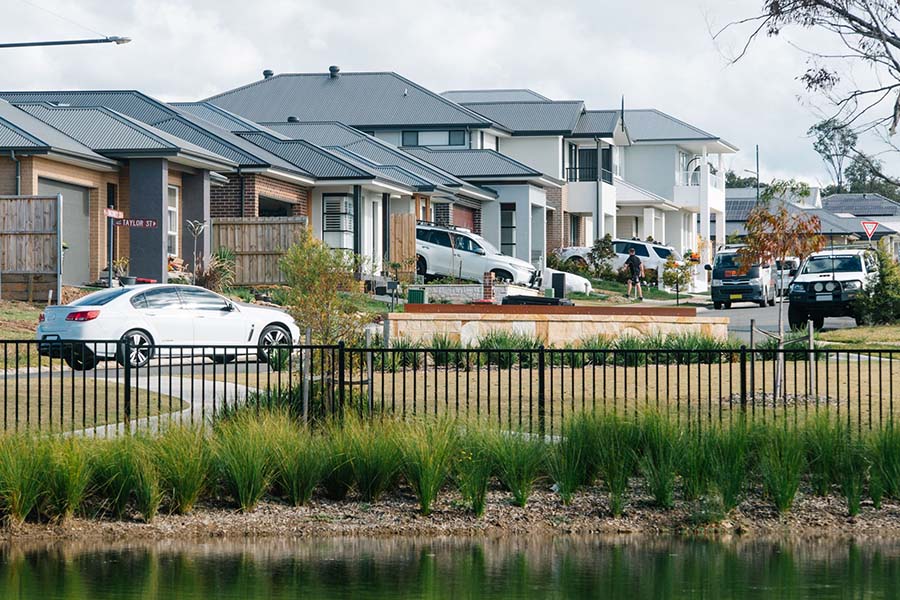 A residential street and surrounding green space at Camden NSW. Credit: NSW Department of Planning, Housing and Infrastructure / Lisa Madden